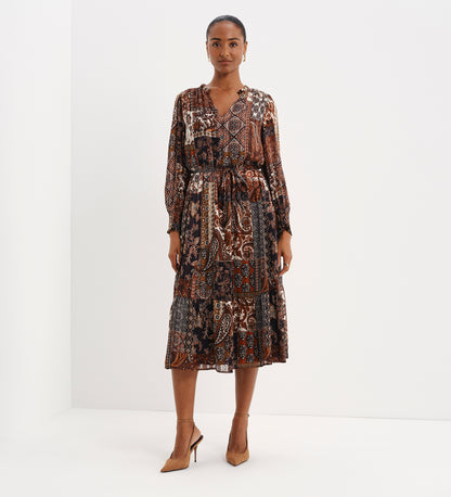 Kathleen Brown Patchwork Paisley Satin Stripe Chiffon Midi Dress