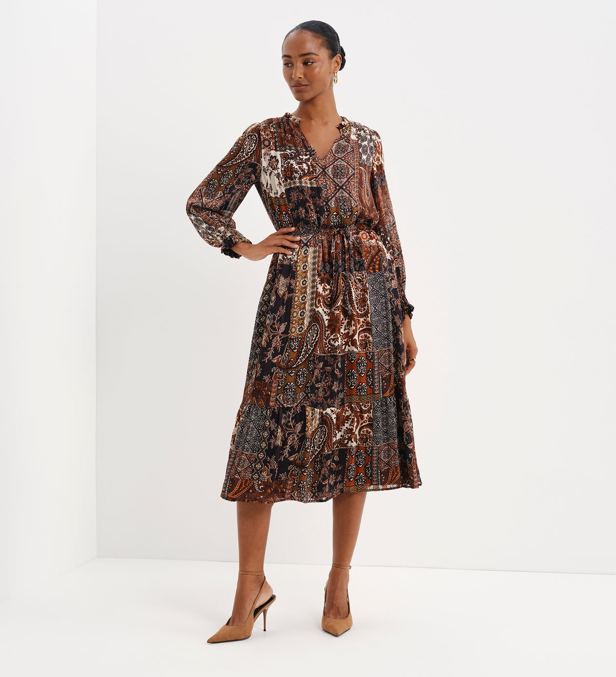 Kathleen Brown Patchwork Paisley Satin Stripe Chiffon Midi Dress