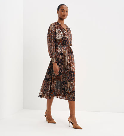 Kathleen Brown Patchwork Paisley Satin Stripe Chiffon Midi Dress