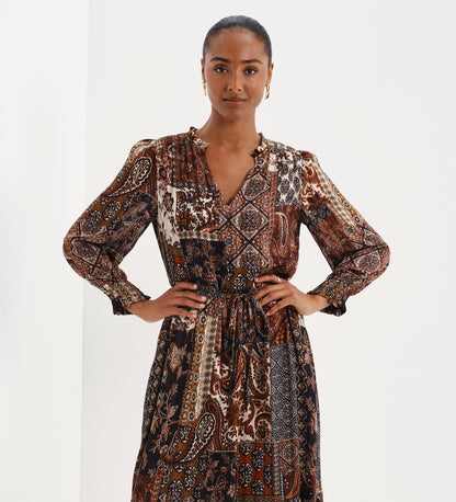 Kathleen Brown Patchwork Paisley Satin Stripe Chiffon Midi Dress