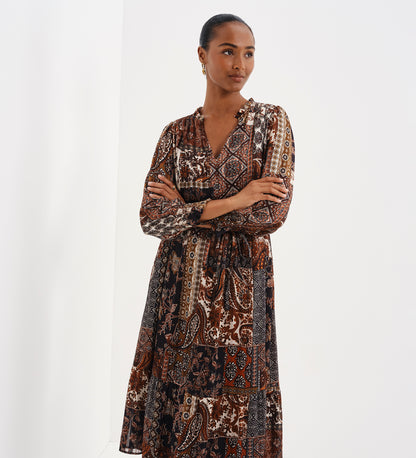 Kathleen Brown Patchwork Paisley Satin Stripe Chiffon Midi Dress