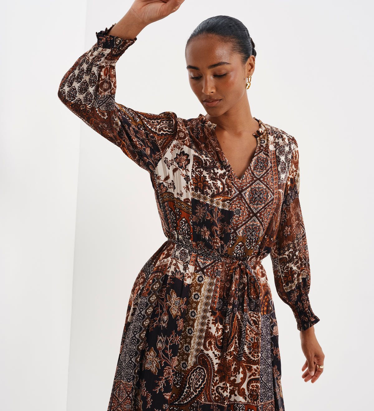 Kathleen Brown Patchwork Paisley Satin Stripe Chiffon Midi Dress