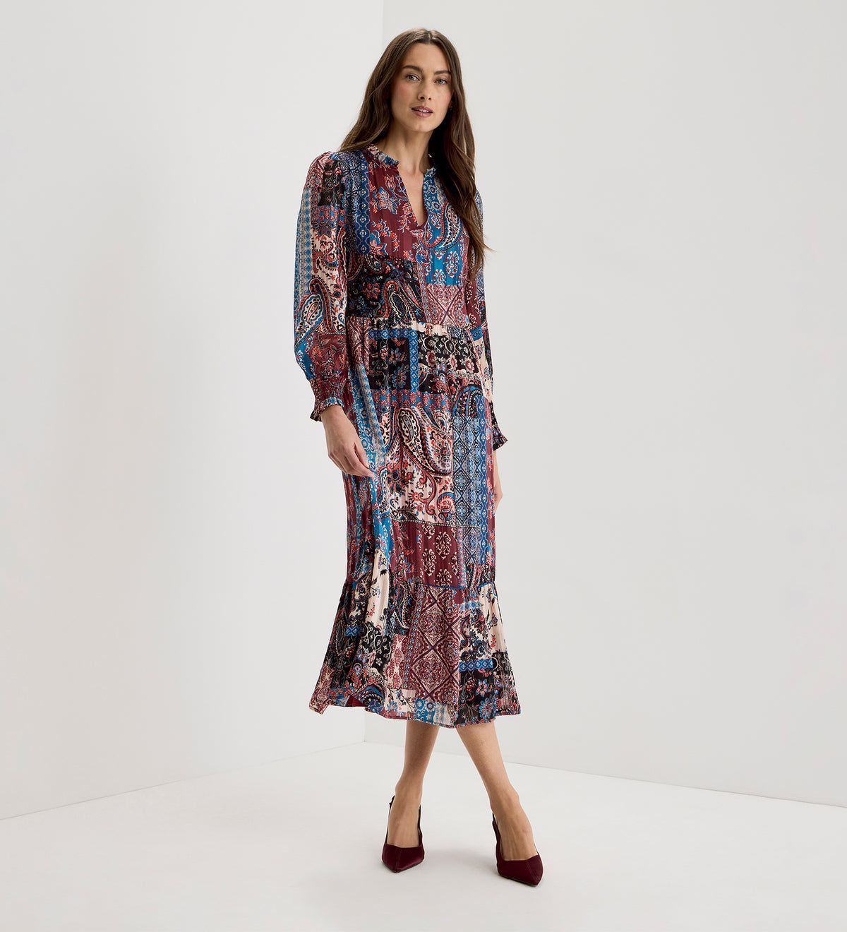 Kathleen Burgundy Patchwork Paisley Satin Stripe Chiffon Midi Dress