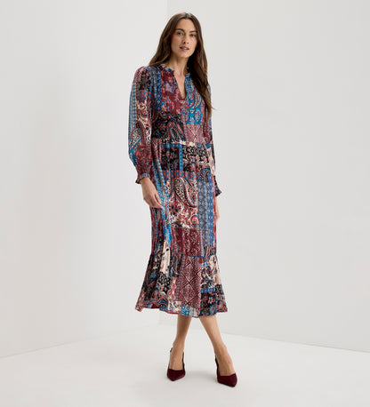 Kathleen Burgundy Patchwork Paisley Satin Stripe Chiffon Midi Dress