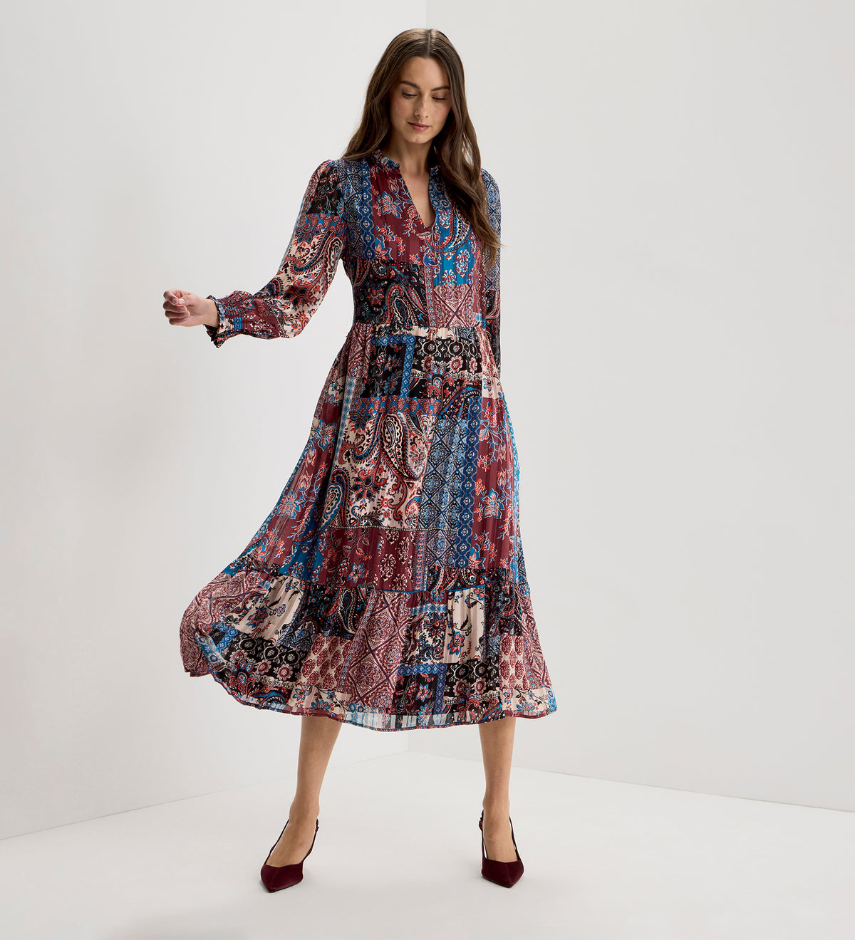 Kathleen Burgundy Patchwork Paisley Satin Stripe Chiffon Midi Dress