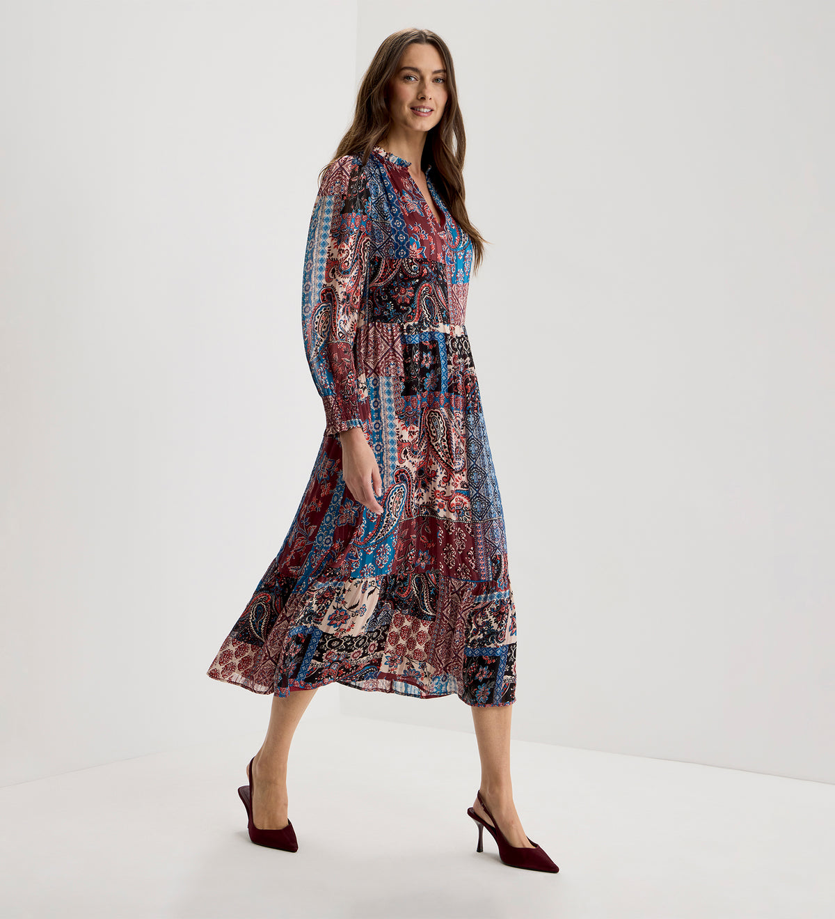 Kathleen Burgundy Patchwork Paisley Satin Stripe Chiffon Midi Dress