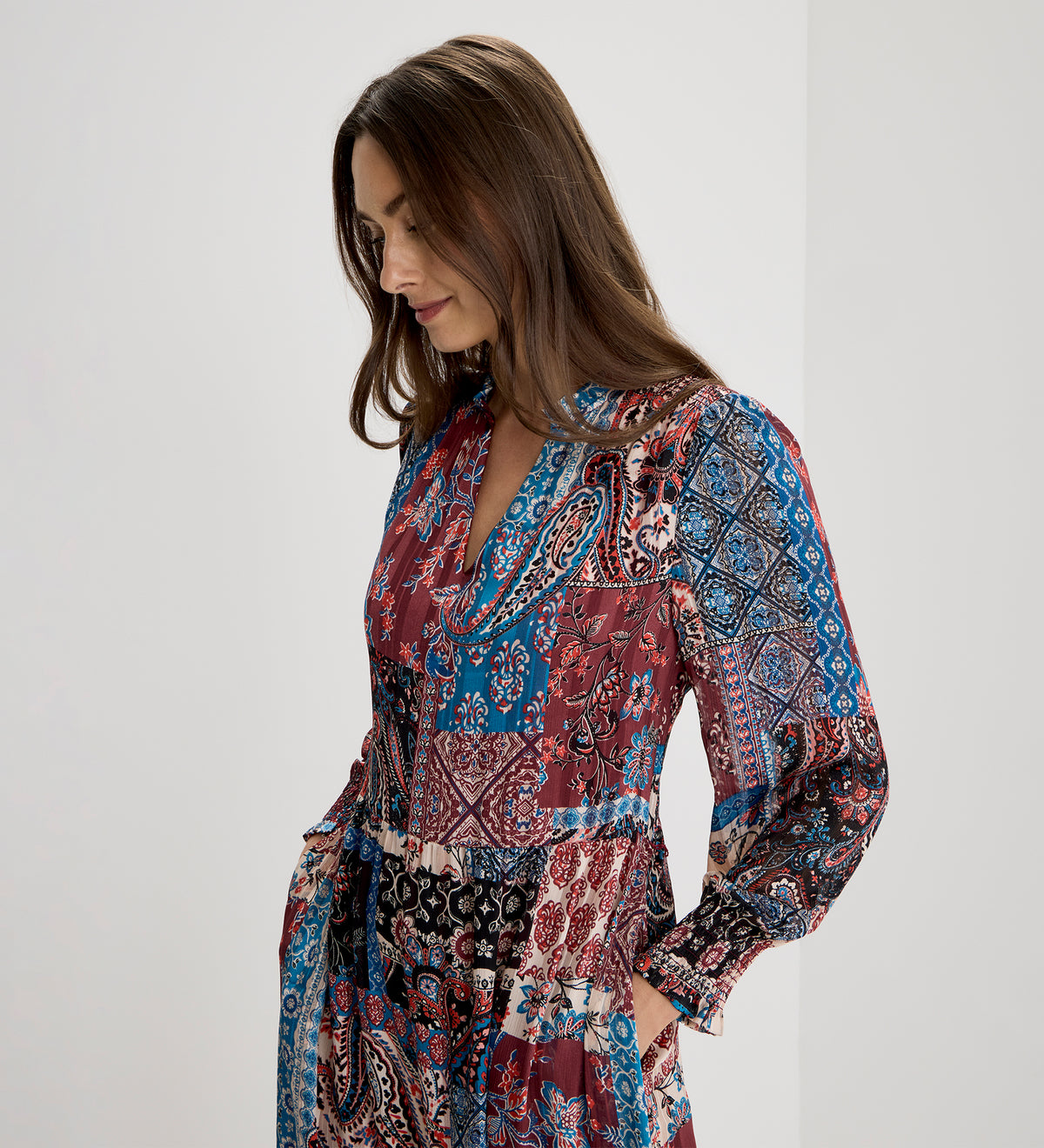Kathleen Burgundy Patchwork Paisley Satin Stripe Chiffon Midi Dress