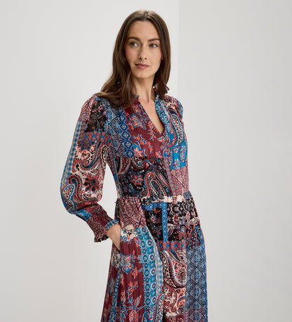 Kathleen Burgundy Patchwork Paisley Satin Stripe Chiffon Midi Dress