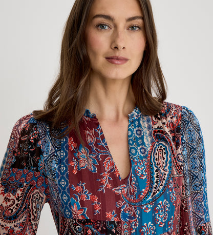 Kathleen Burgundy Patchwork Paisley Satin Stripe Chiffon Midi Dress