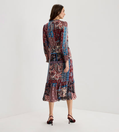 Kathleen Burgundy Patchwork Paisley Satin Stripe Chiffon Midi Dress