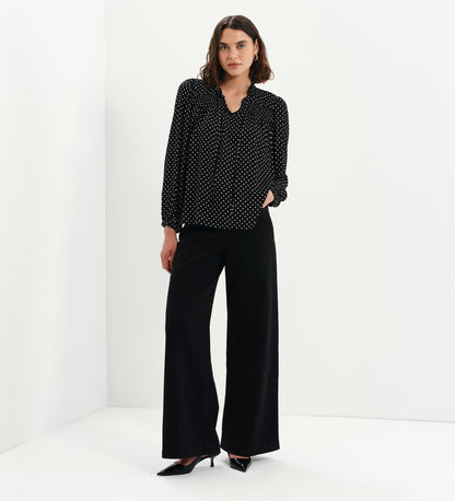 Kiya Black Polka Dot Frill Tie Neck Yoke Blouse