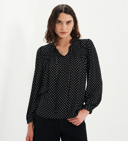 Kiya Black Polka Dot Frill Tie Neck Yoke Blouse