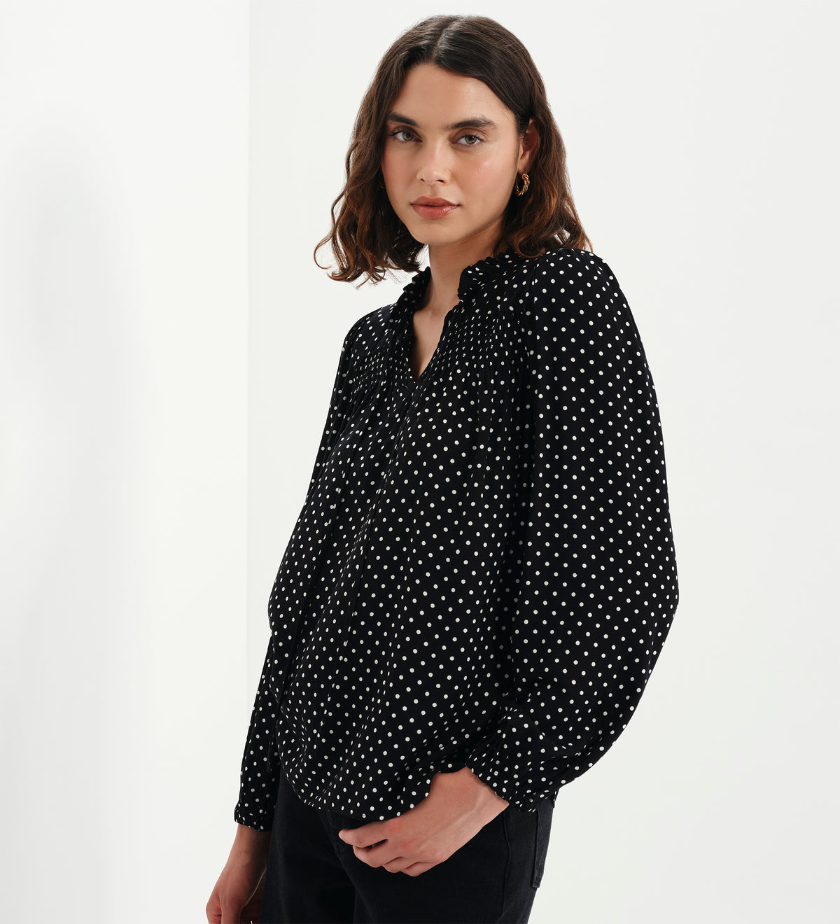 Kiya Black Polka Dot Frill Tie Neck Yoke Blouse