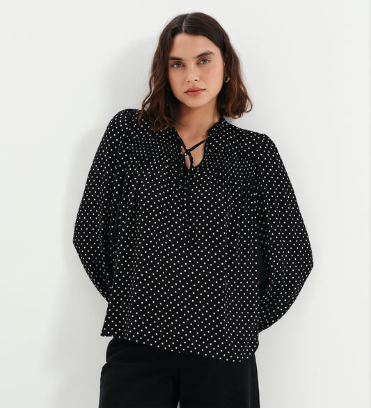 Kiya Black Polka Dot Frill Tie Neck Yoke Blouse