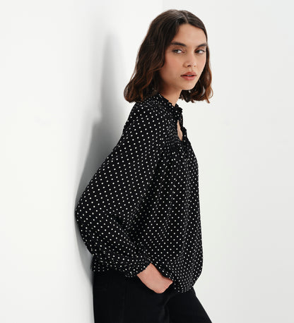 Kiya Black Polka Dot Frill Tie Neck Yoke Blouse