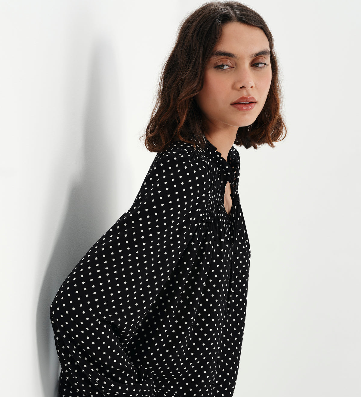 Kiya Black Polka Dot Frill Tie Neck Yoke Blouse