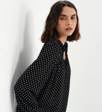 Kiya Black Polka Dot Frill Tie Neck Yoke Blouse