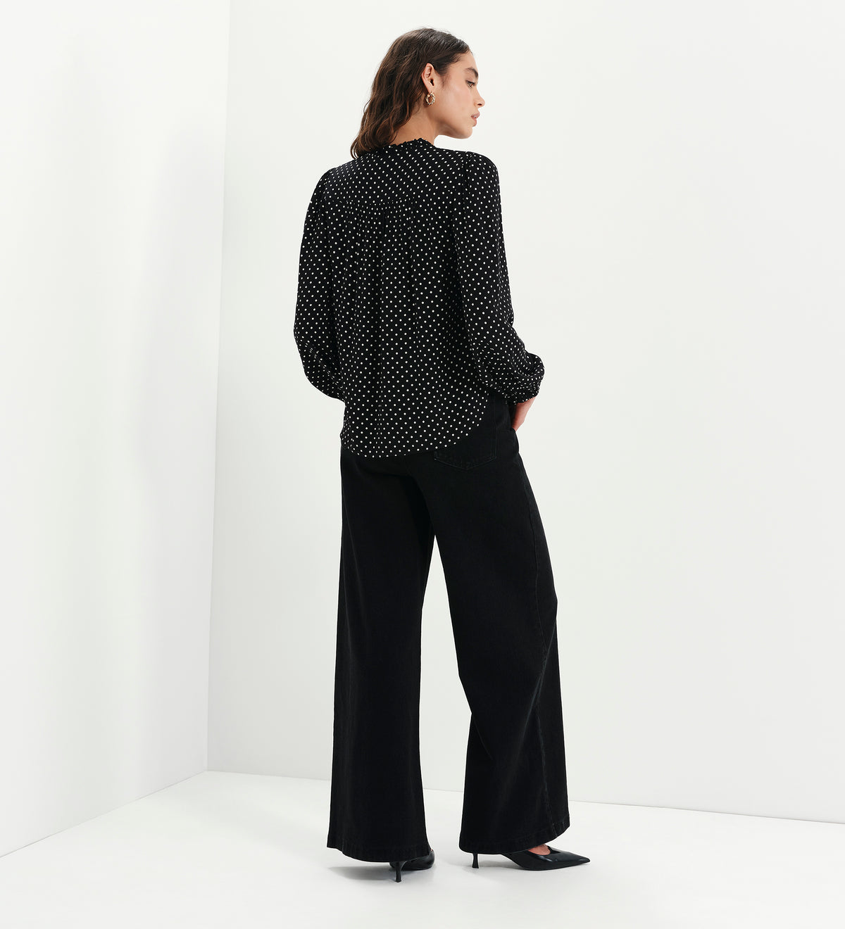 Kiya Black Polka Dot Frill Tie Neck Yoke Blouse