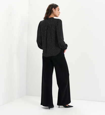 Kiya Black Polka Dot Frill Tie Neck Yoke Blouse