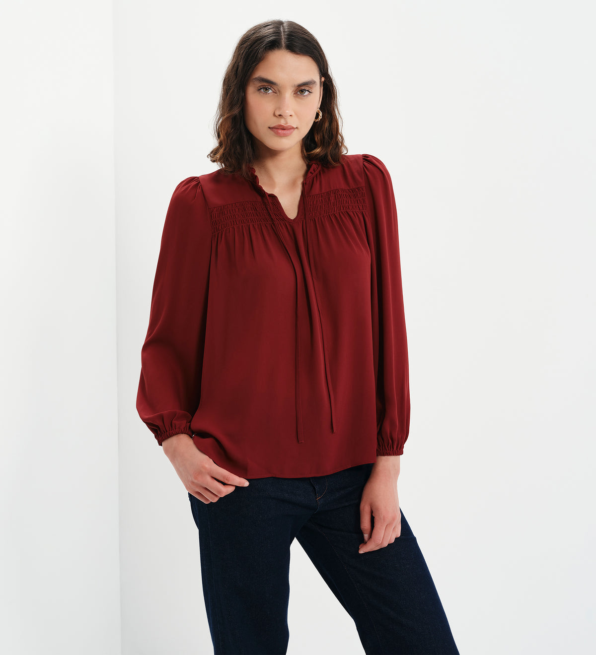 Kiya Burgundy Frill Tie Neck Yoke Blouse