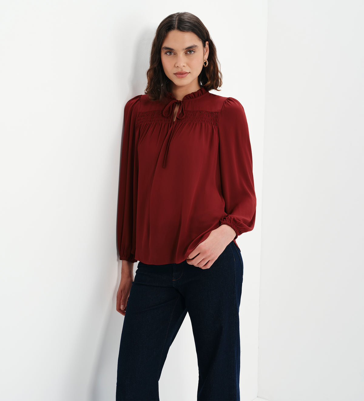 Kiya Burgundy Frill Tie Neck Yoke Blouse