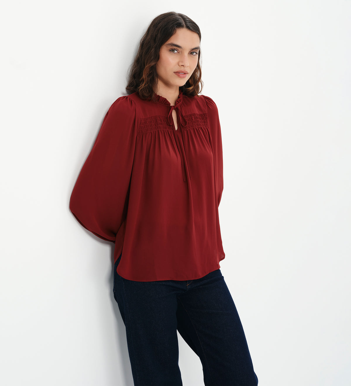 Kiya Burgundy Frill Tie Neck Yoke Blouse