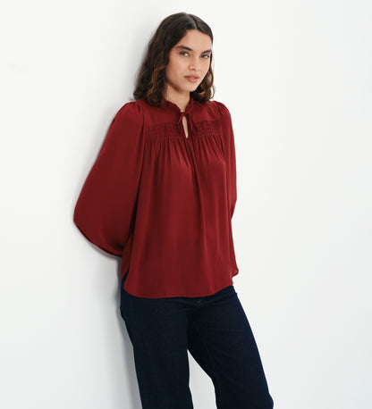 Kiya Burgundy Frill Tie Neck Yoke Blouse