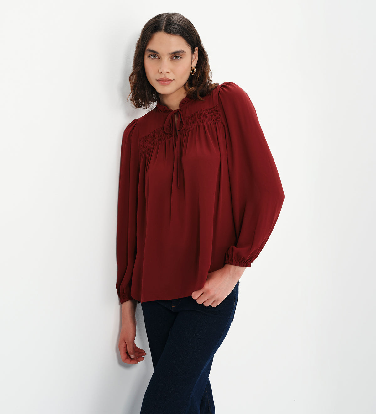 Kiya Burgundy Frill Tie Neck Yoke Blouse