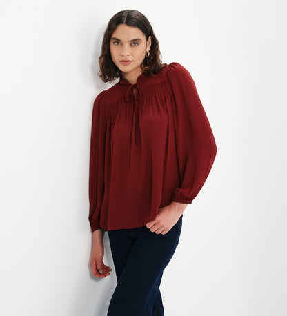 Kiya Burgundy Frill Tie Neck Yoke Blouse