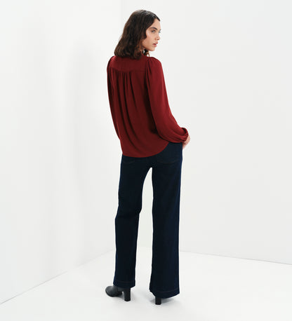 Kiya Burgundy Frill Tie Neck Yoke Blouse