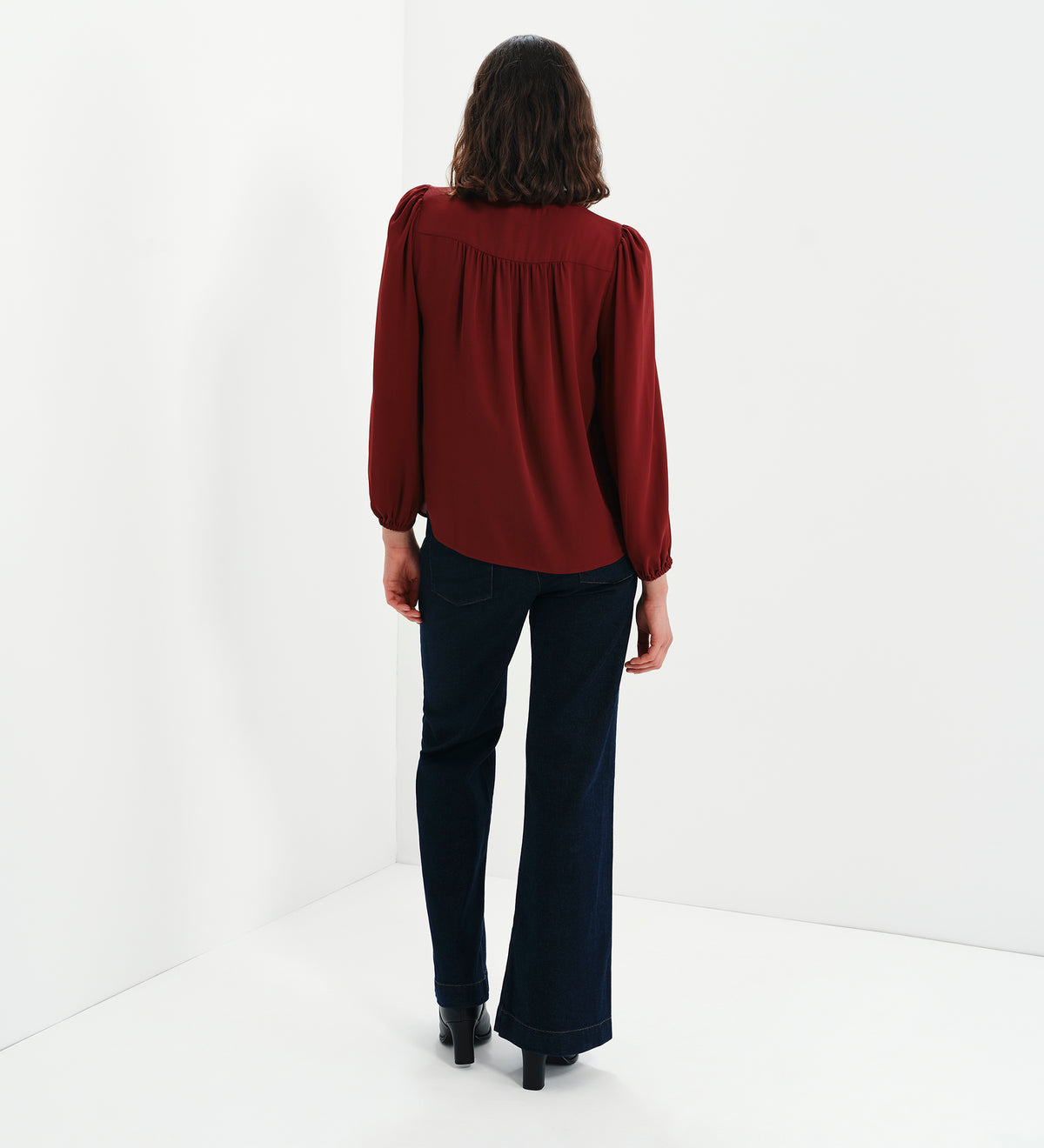 Kiya Burgundy Frill Tie Neck Yoke Blouse