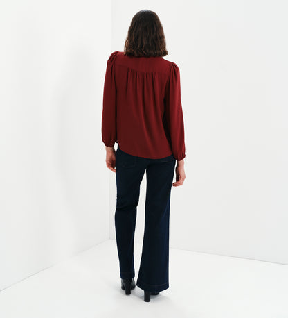 Kiya Burgundy Frill Tie Neck Yoke Blouse