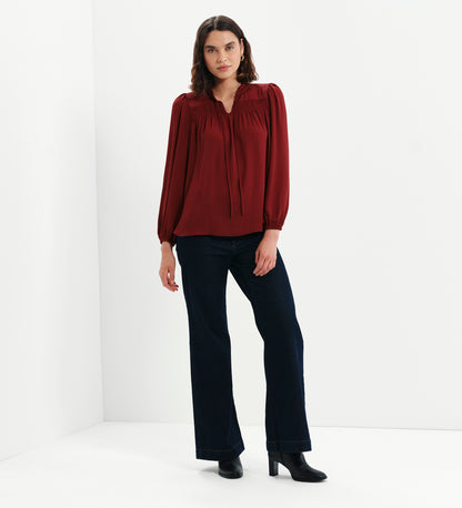 Kiya Burgundy Frill Tie Neck Yoke Blouse