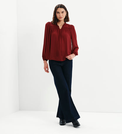 Kiya Burgundy Frill Tie Neck Yoke Blouse