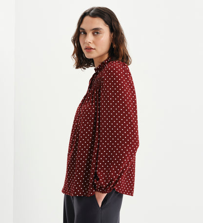 Kiya Burgundy Polka Dot Frill Tie Neck Yoke Blouse