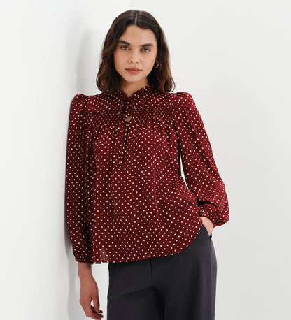 Kiya Burgundy Polka Dot Frill Tie Neck Yoke Blouse
