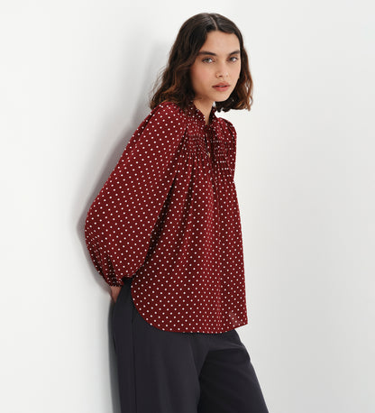 Kiya Burgundy Polka Dot Frill Tie Neck Yoke Blouse