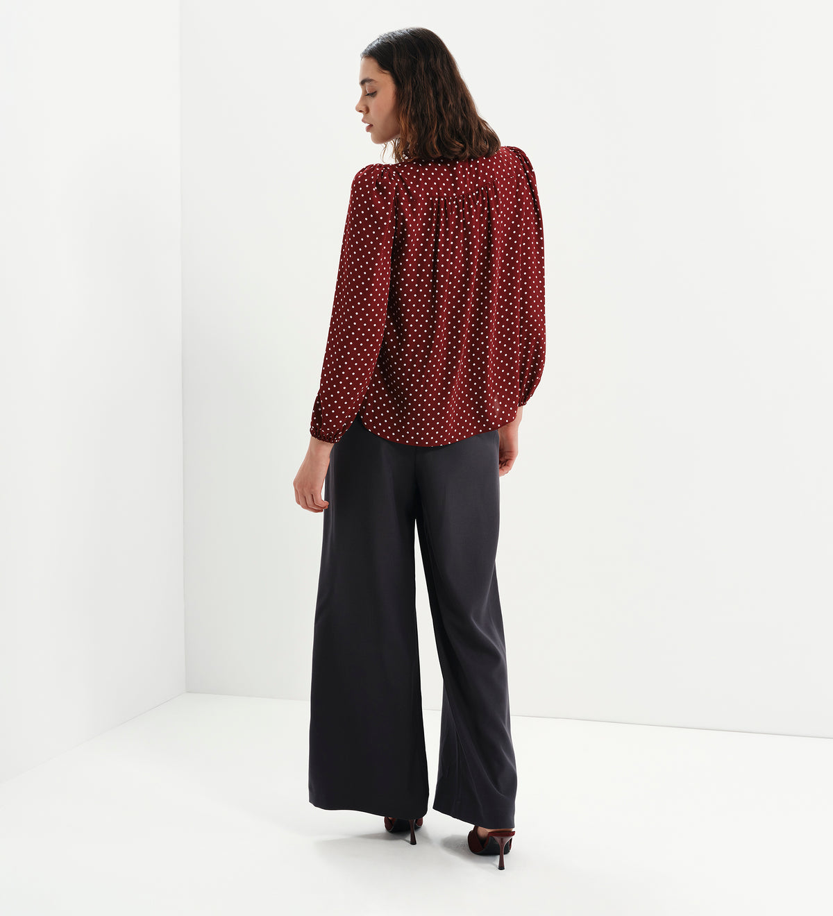 Kiya Burgundy Polka Dot Frill Tie Neck Yoke Blouse