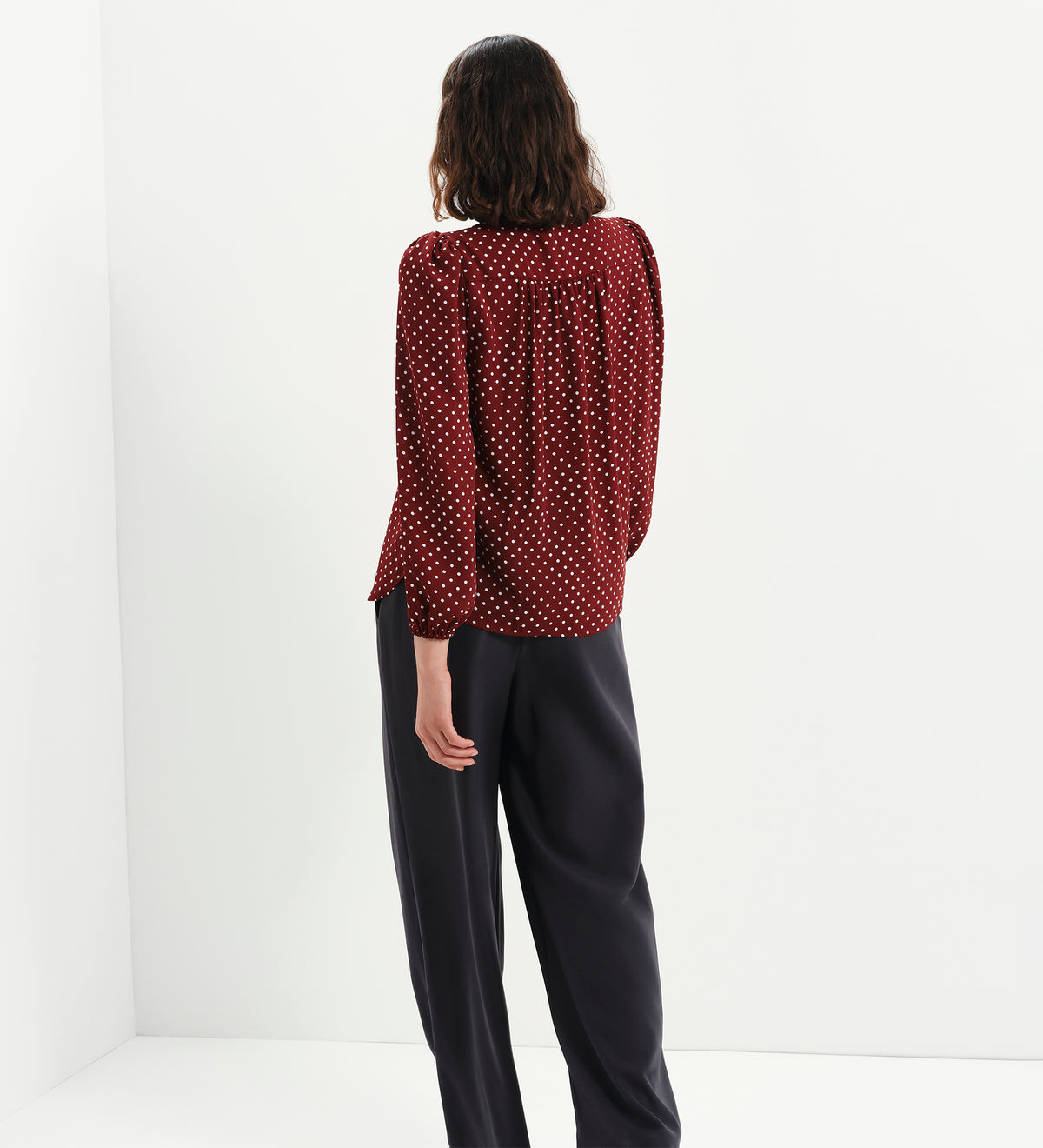 Kiya Burgundy Polka Dot Frill Tie Neck Yoke Blouse