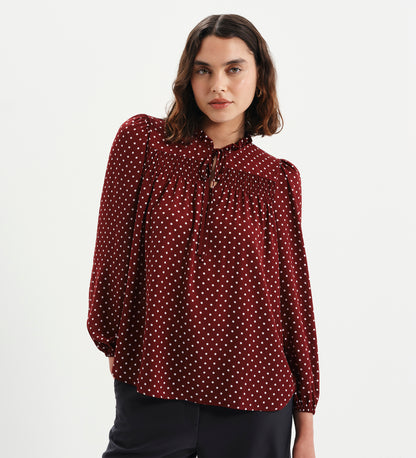 Kiya Burgundy Polka Dot Frill Tie Neck Yoke Blouse