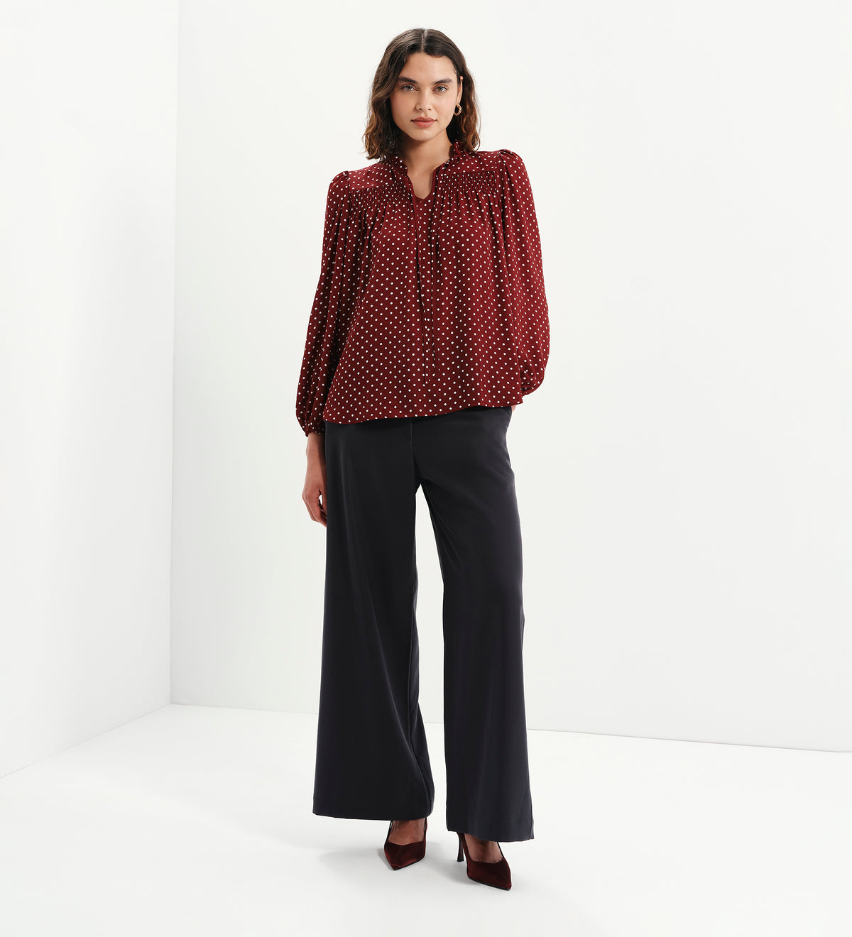 Kiya Burgundy Polka Dot Frill Tie Neck Yoke Blouse