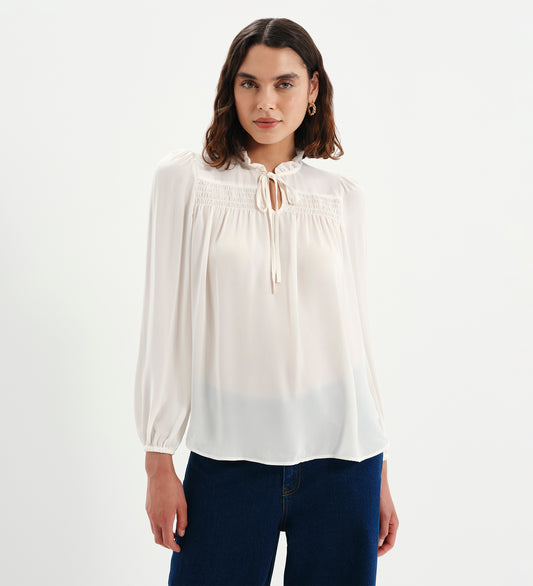 Kiya Ivory Frill Tie Neck Yoke Blouse