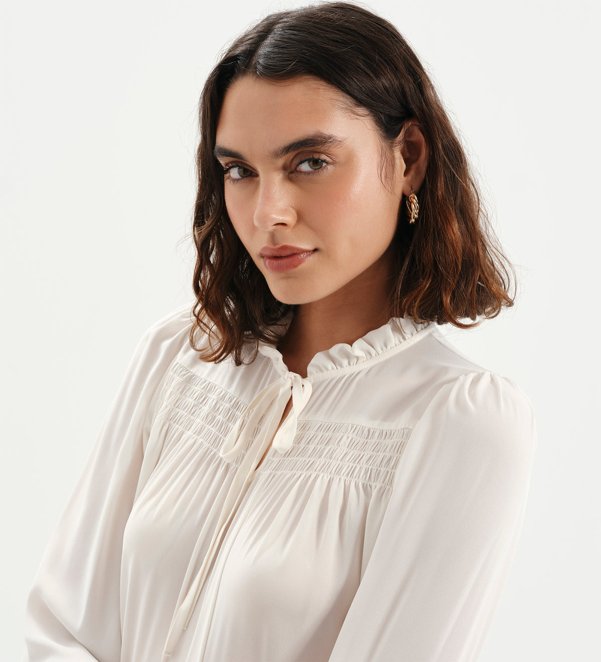 Kiya Ivory Frill Tie Neck Yoke Blouse