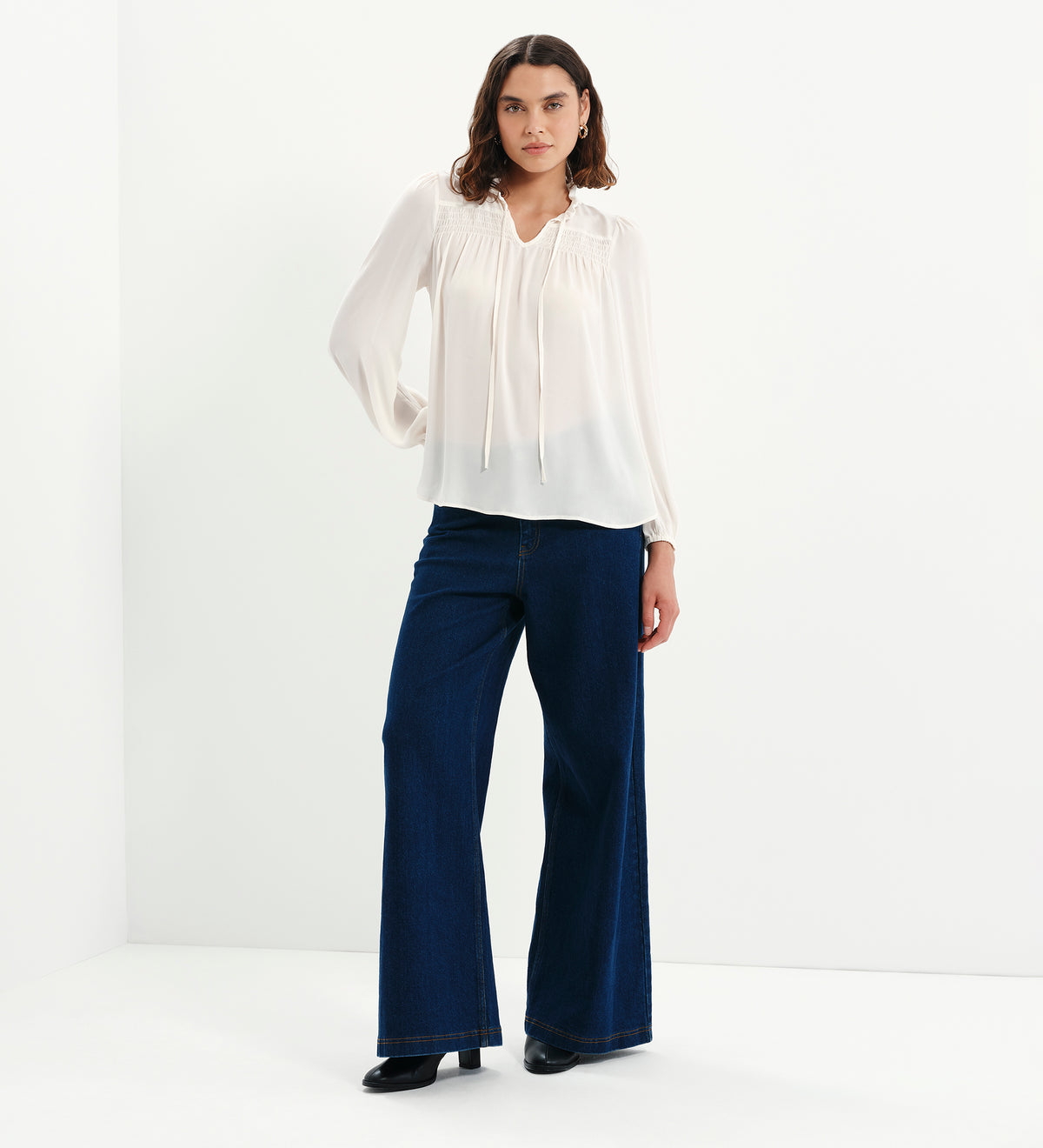 Kiya Ivory Frill Tie Neck Yoke Blouse