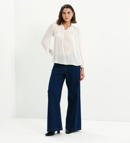 Kiya Ivory Frill Tie Neck Yoke Blouse