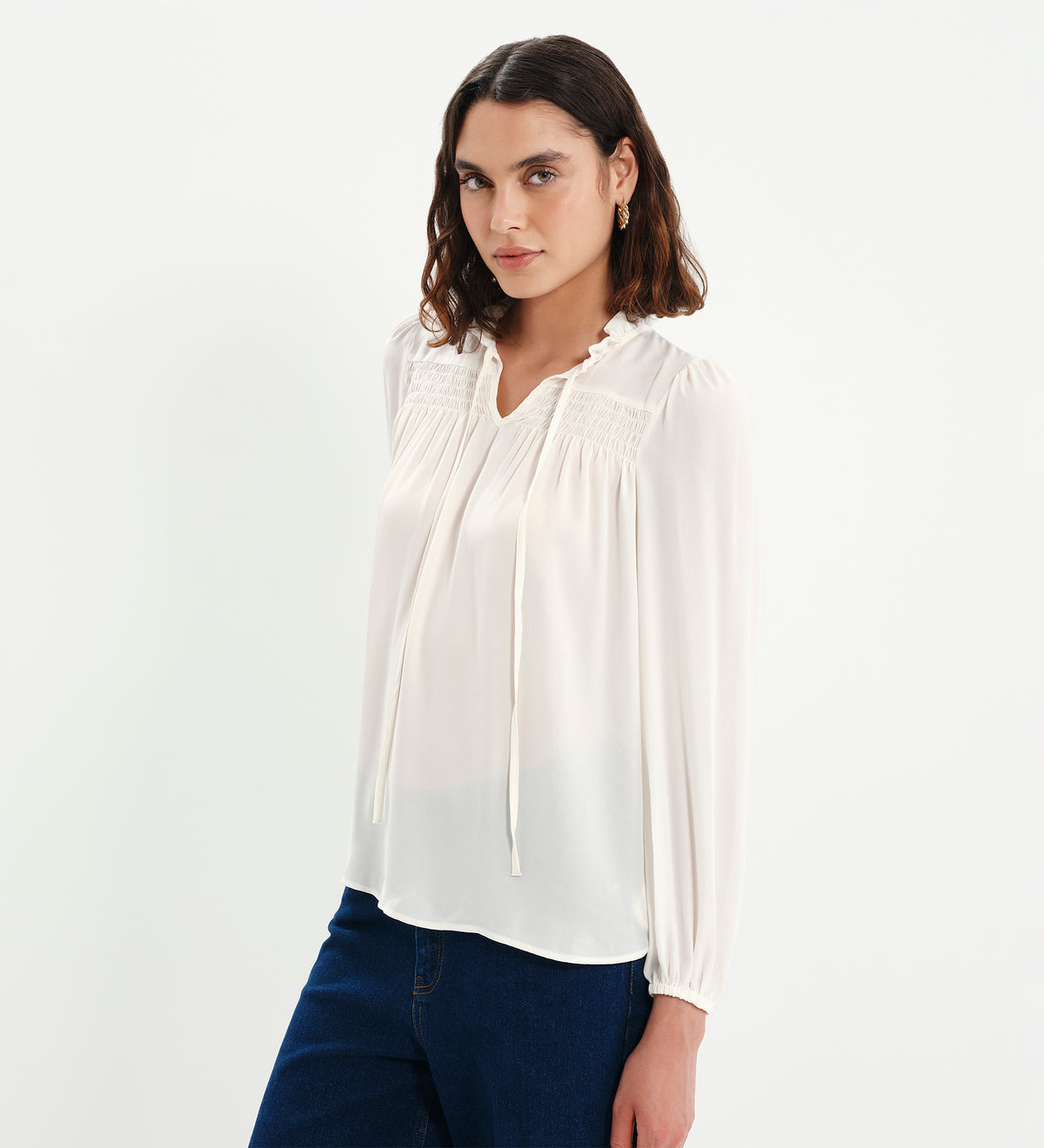 Kiya Ivory Frill Tie Neck Yoke Blouse