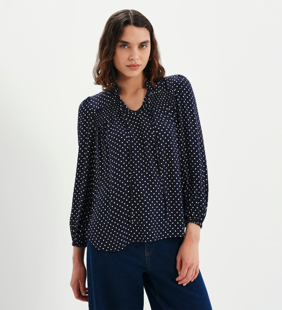 Kiya Navy Polka Dot Frill Tie Neck Yoke Blouse