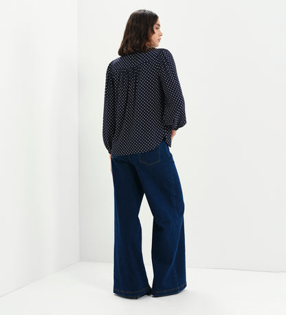 Kiya Navy Polka Dot Frill Tie Neck Yoke Blouse