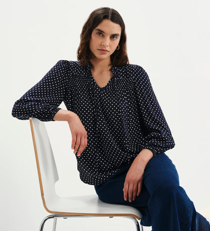 Kiya Navy Polka Dot Frill Tie Neck Yoke Blouse