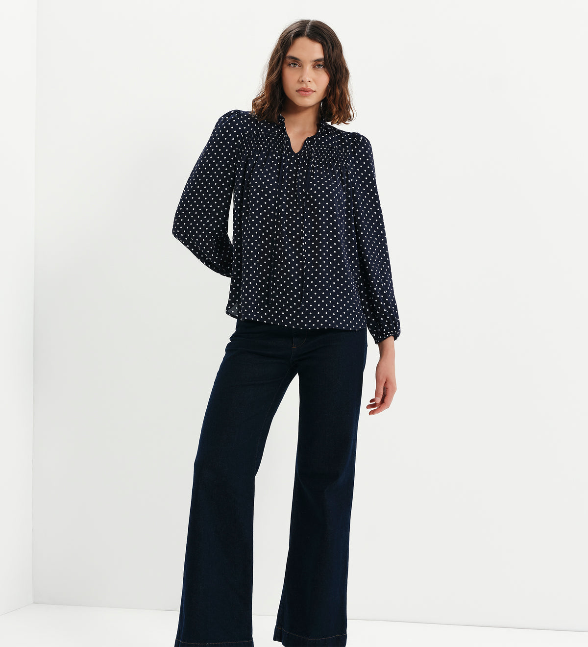 Kiya Navy Polka Dot Frill Tie Neck Yoke Blouse